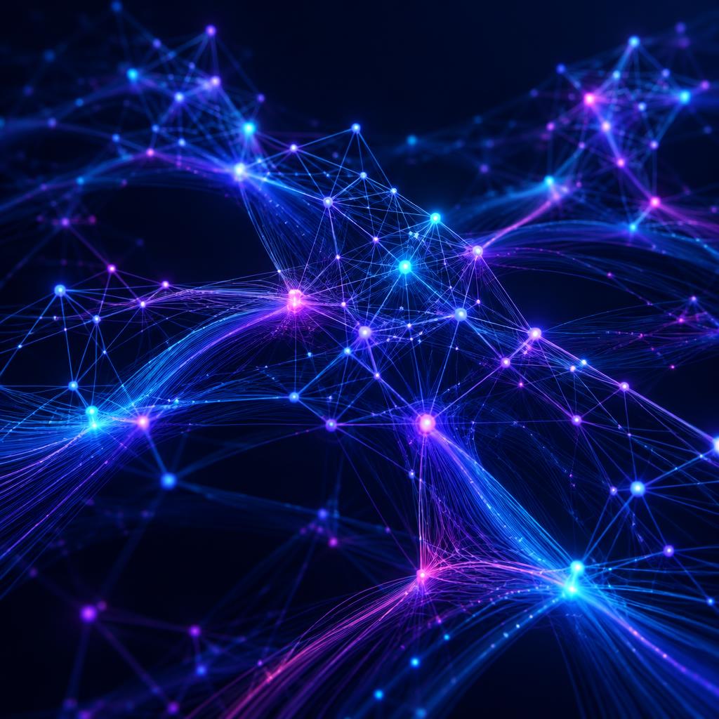 An interconnected network of cyan, violet and pink light